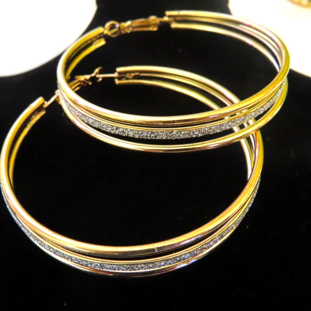 Rhinestone Studded Hoop Earrings Gold tone - NEW